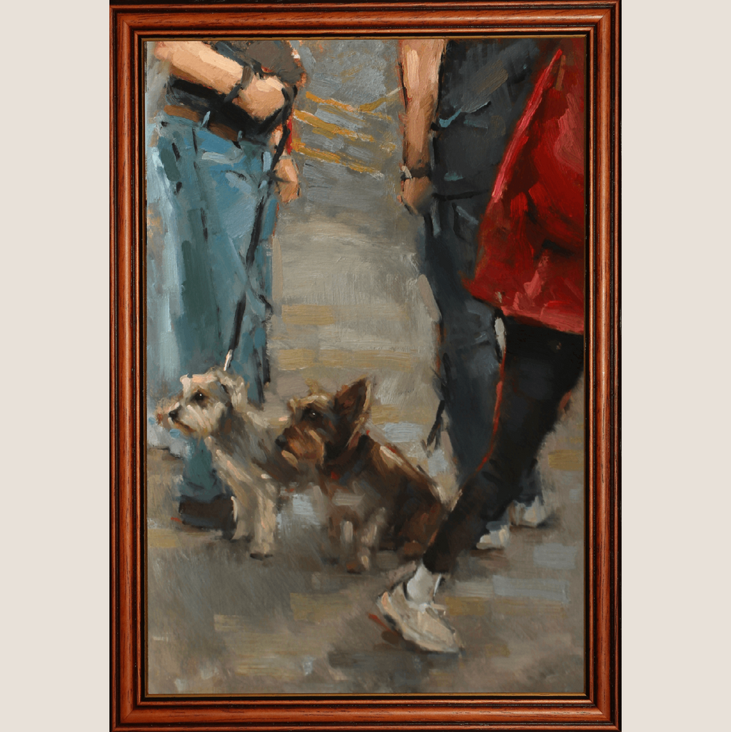 A framed oil painting depicting a tunnel scene with railway tracks, featuring a brown wooden frame against a light beige background.