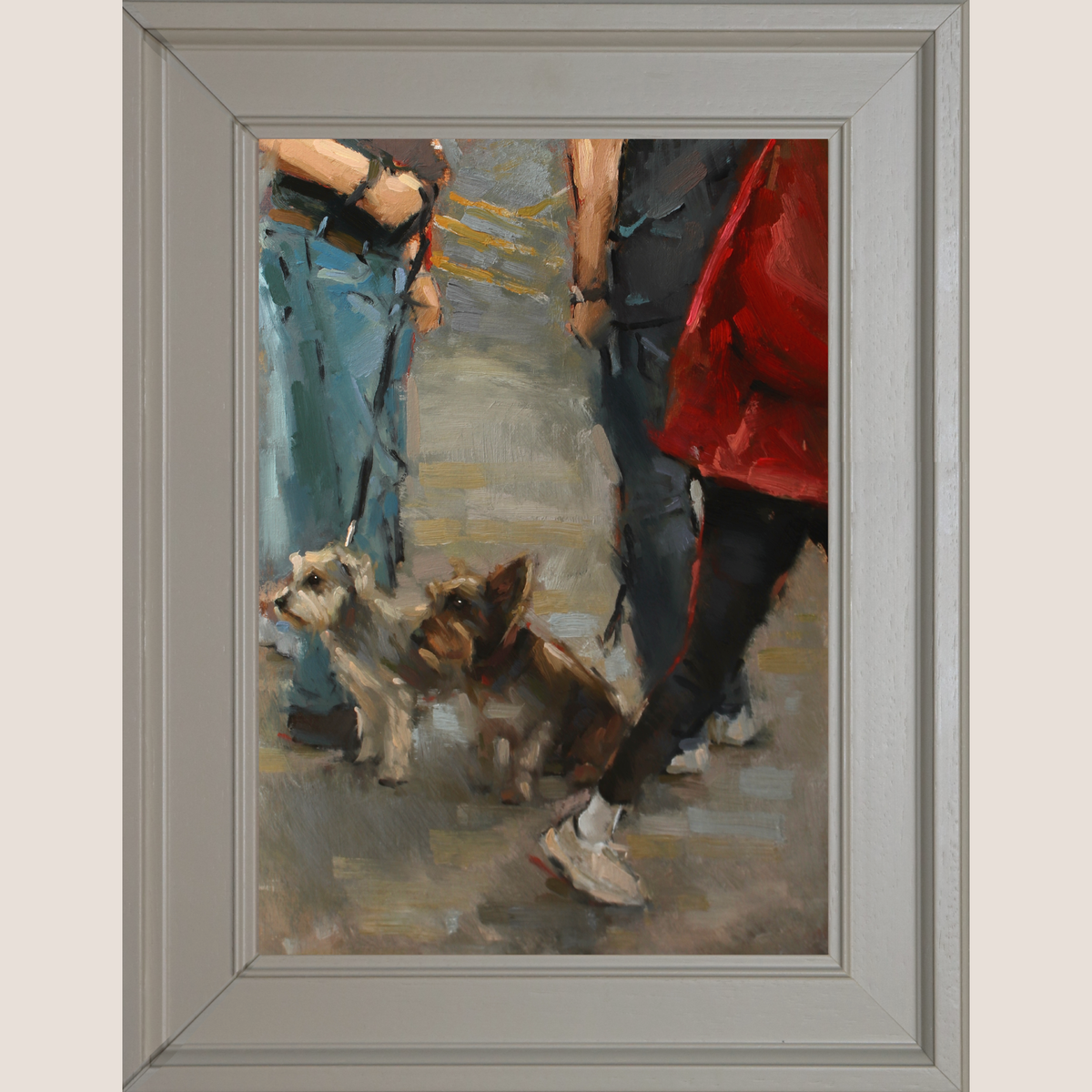 A painted portrait of a small brown dog resting on a blue couch, shown as an artwork with visible brushstrokes and centered on a light beige background.