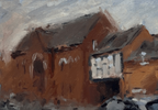 Impressionistic oil painting of a brown brick building with a dark roof, rendered in earthy tones of brown, gray, and white.