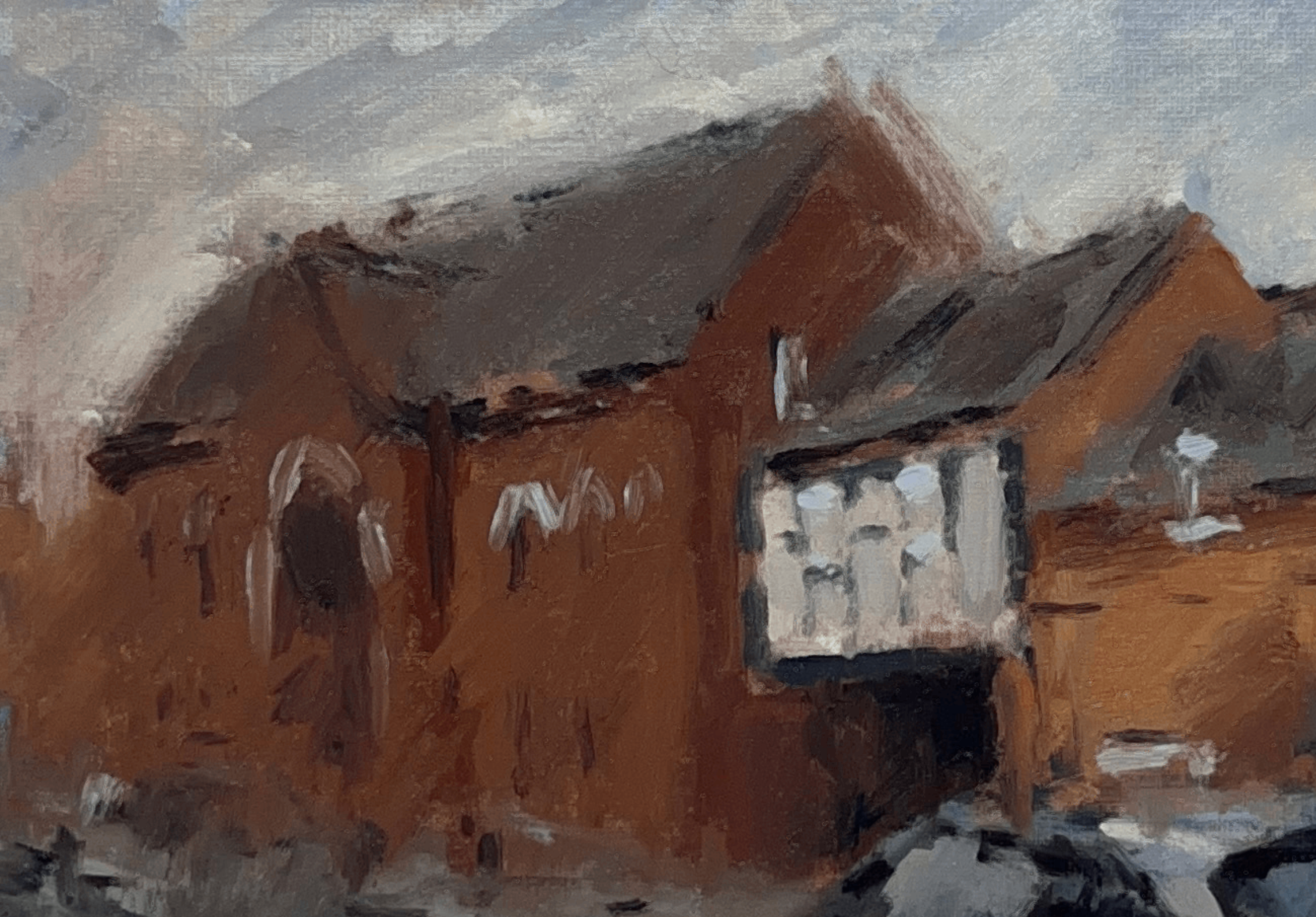 Impressionistic oil painting of a brown brick building with a dark roof, rendered in earthy tones of brown, gray, and white.