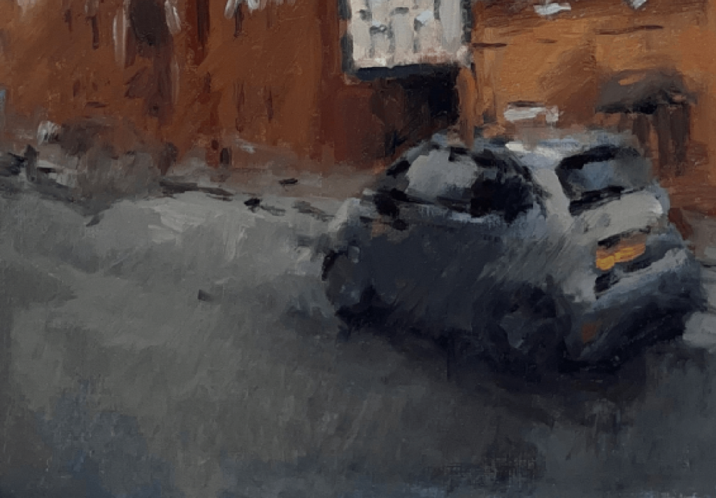 Impressionistic oil painting of a dark gray car parked on a street in front of a warm brown brick building.