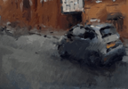 Impressionistic oil painting of a dark gray car parked on a street in front of a warm brown brick building.