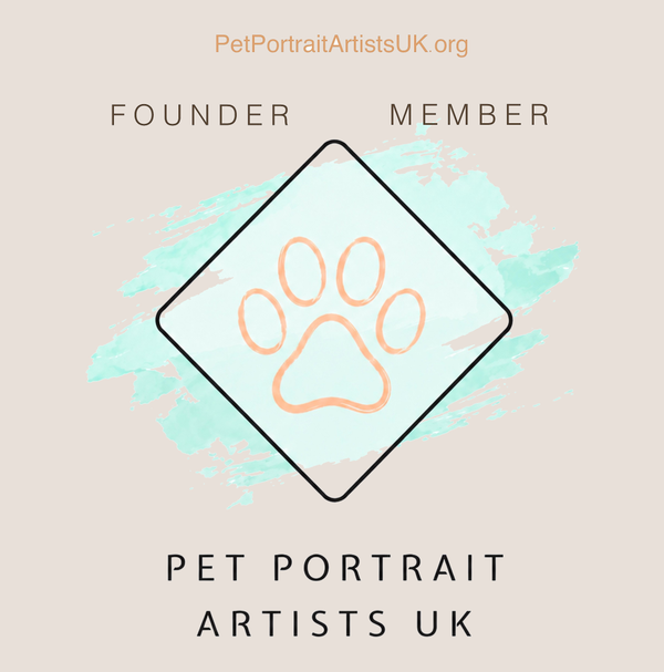 A digital graphic for Pet Portrait Artists UK featuring a central diamond outline with a simple orange paw print icon over a light aqua paint stroke on a warm beige background. Text at the top reads 'PetPortraitArtistsUK.